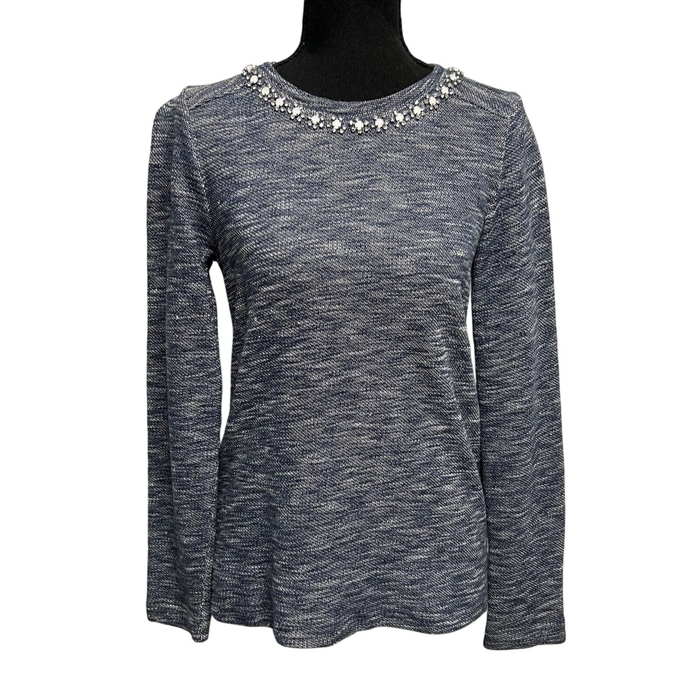 J.Crew Womens XS Blue Marled Embellished Crystal Neck Long Sleeve Top A2561